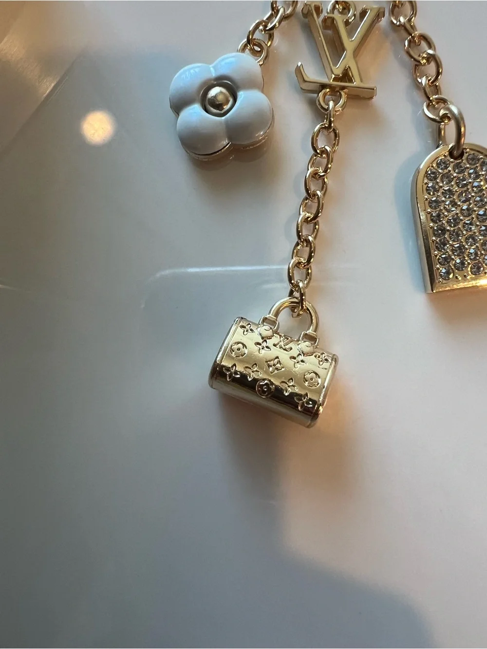 Gold and White Charm Keychain with Floral and Pavé Accents